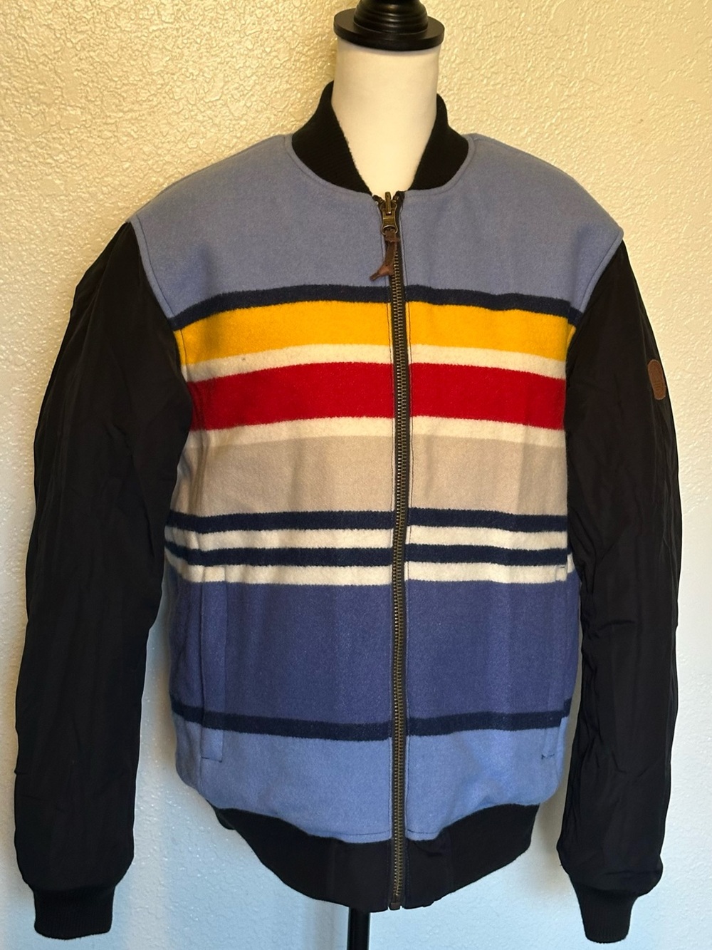 Pendleton x Eddie Bauer Blue Striped Bomber Jacket with Red & Yellow Accents M